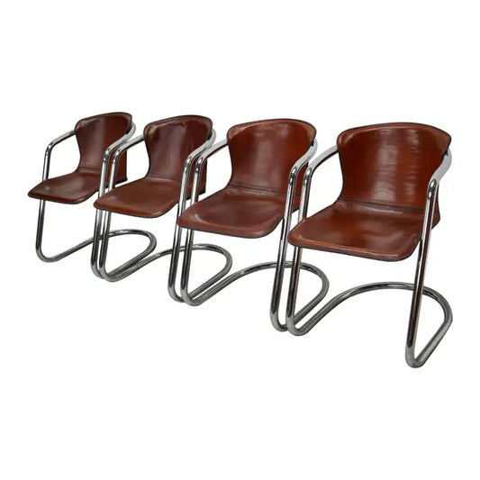 Set of Four Cognac Leather Dining Chairs, Willy Rizzo, 1970s