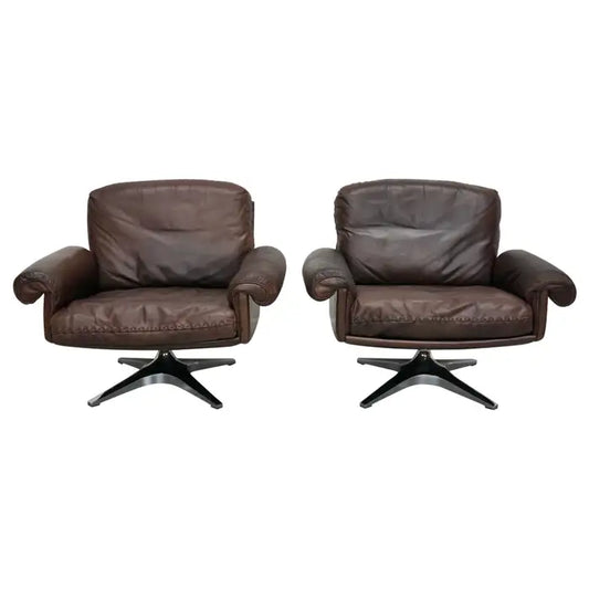 Pair of Vintage De Sede DS-31 Swivel Armchairs in Brown Leather