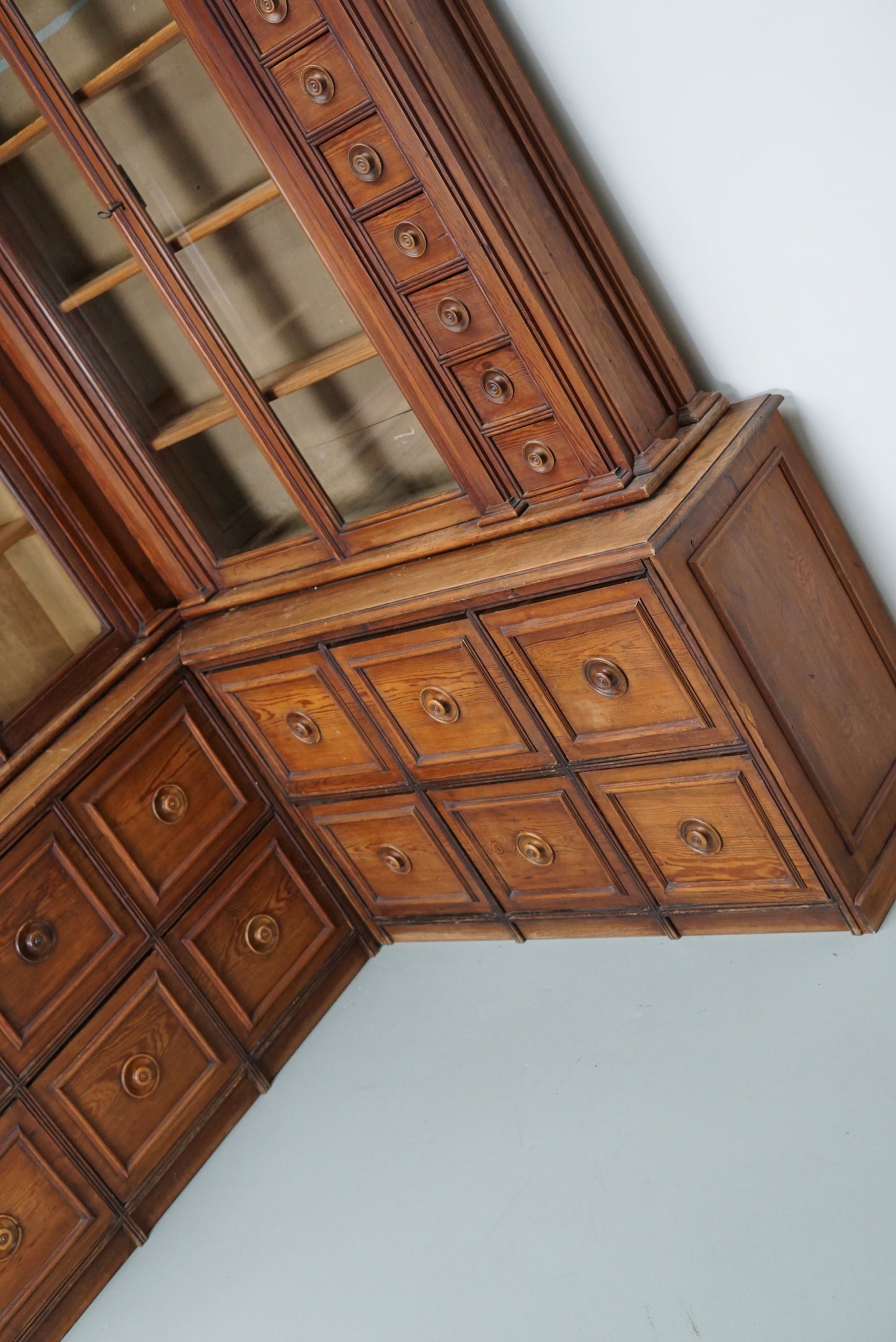 Large Antique German Pitch Pine Corner Apothecary Cabinet / Vitrine ca 1900s