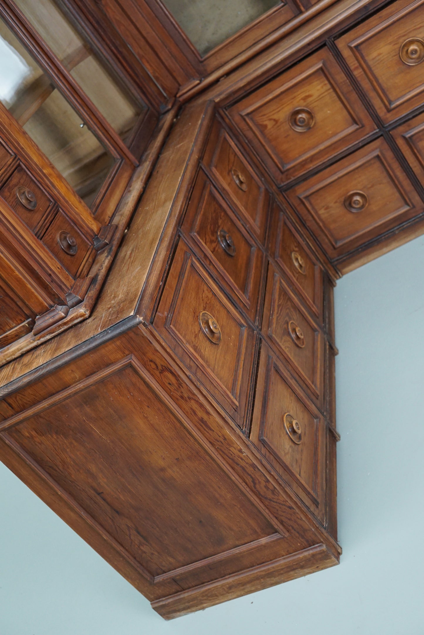 Large Antique German Pitch Pine Corner Apothecary Cabinet / Vitrine ca 1900s