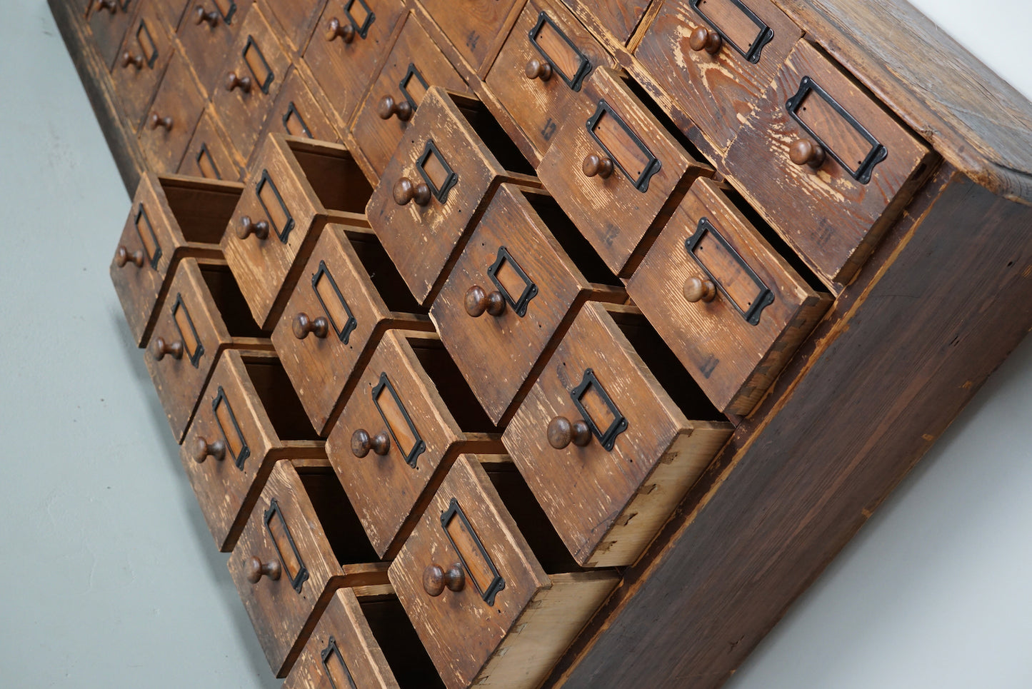 Antique Rustic German Pine Apothecary Cabinet / Bank of Drawers, Early 20thc