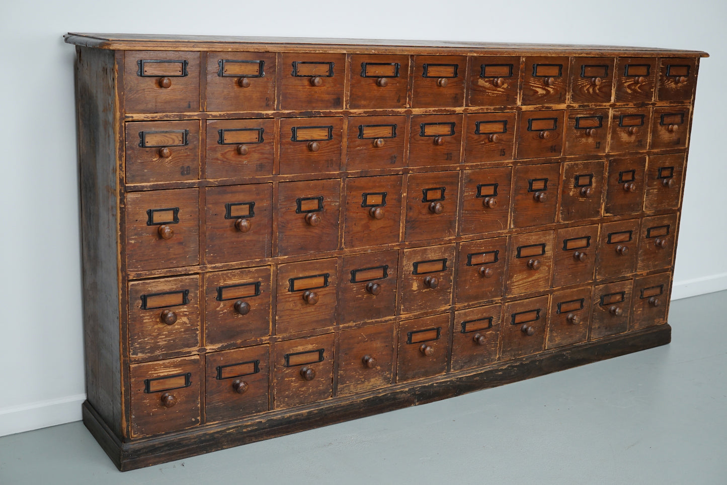 Antique Rustic German Pine Apothecary Cabinet / Bank of Drawers, Early 20thc