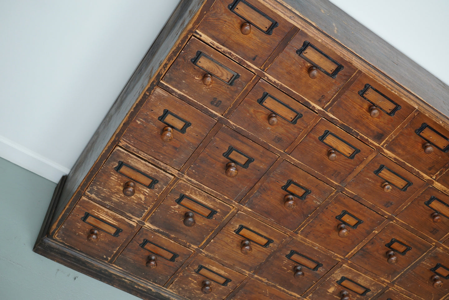 Antique Rustic German Pine Apothecary Cabinet / Bank of Drawers, Early 20thc