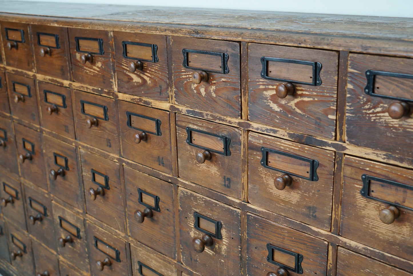 Antique Rustic German Pine Apothecary Cabinet / Bank of Drawers, Early 20thc