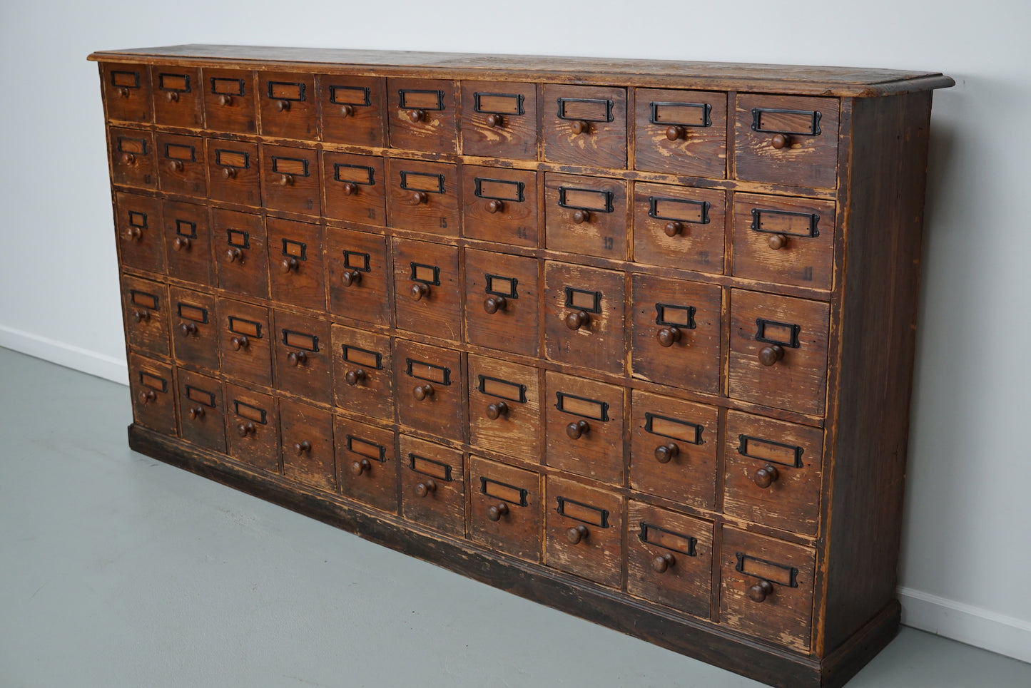 Antique Rustic German Pine Apothecary Cabinet / Bank of Drawers, Early 20thc