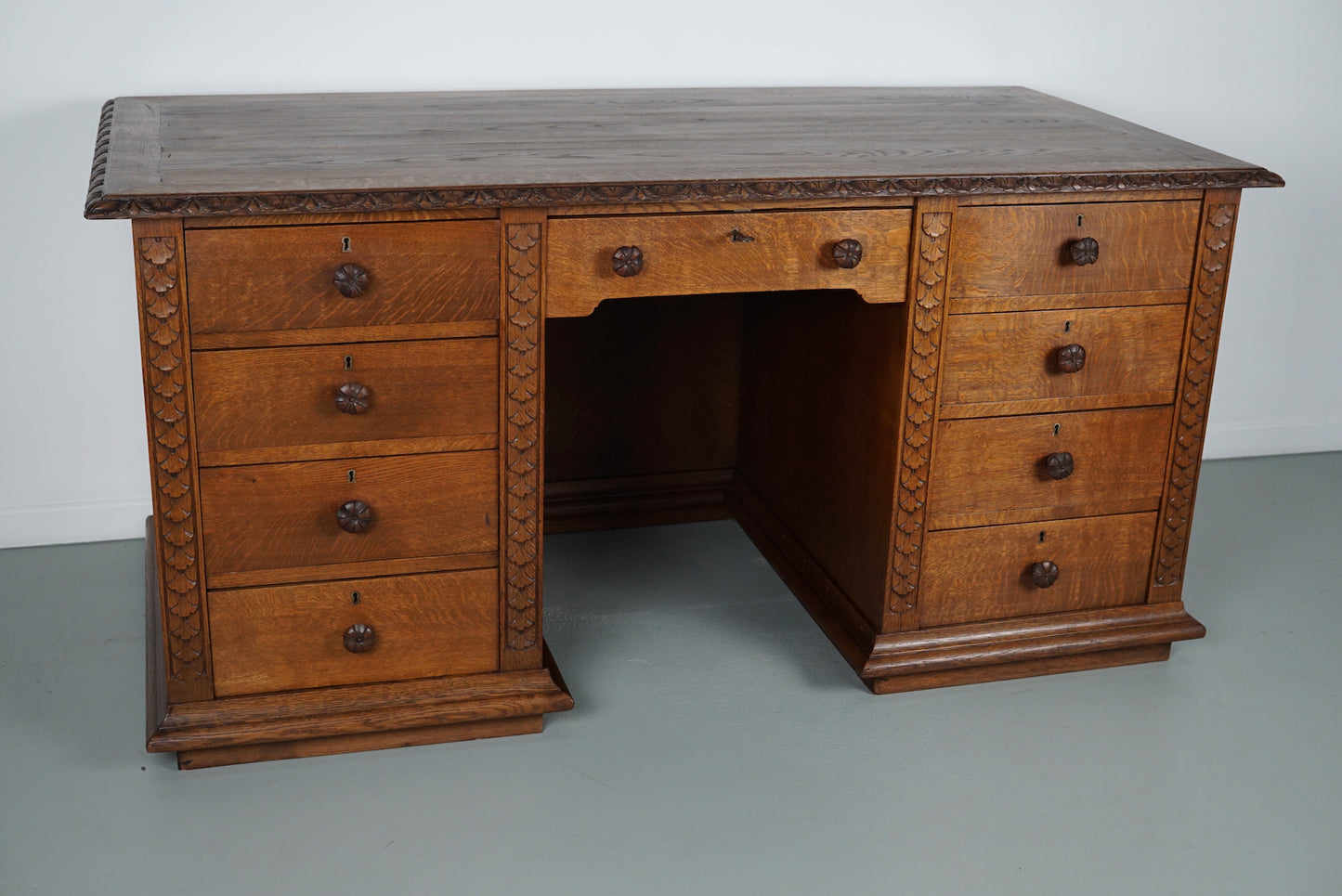 Antique Dutch Carved Oak Art Nouveau Desk / Shop Counter, Early 20th Century