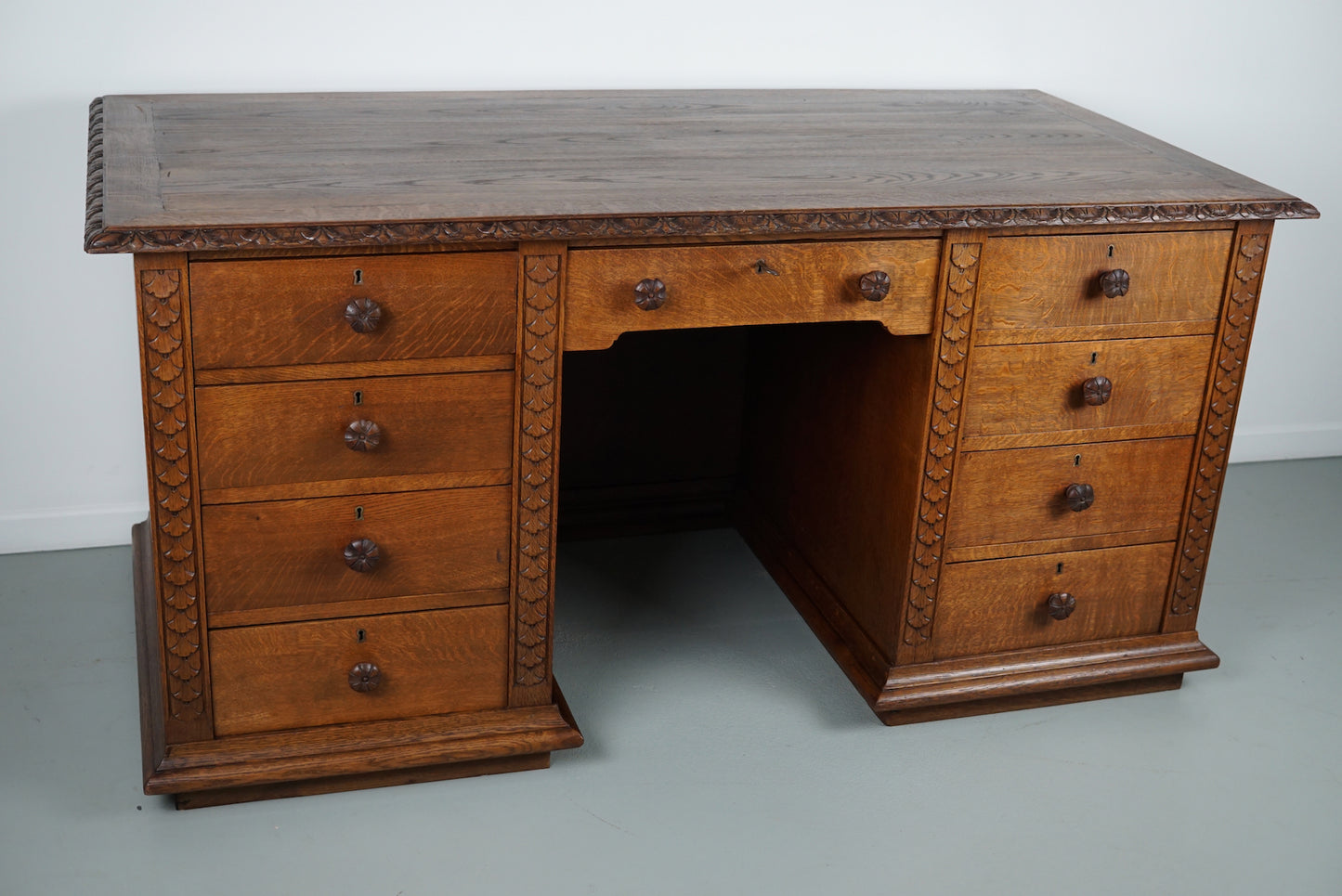 Antique Dutch Carved Oak Art Nouveau Desk / Shop Counter, Early 20th Century