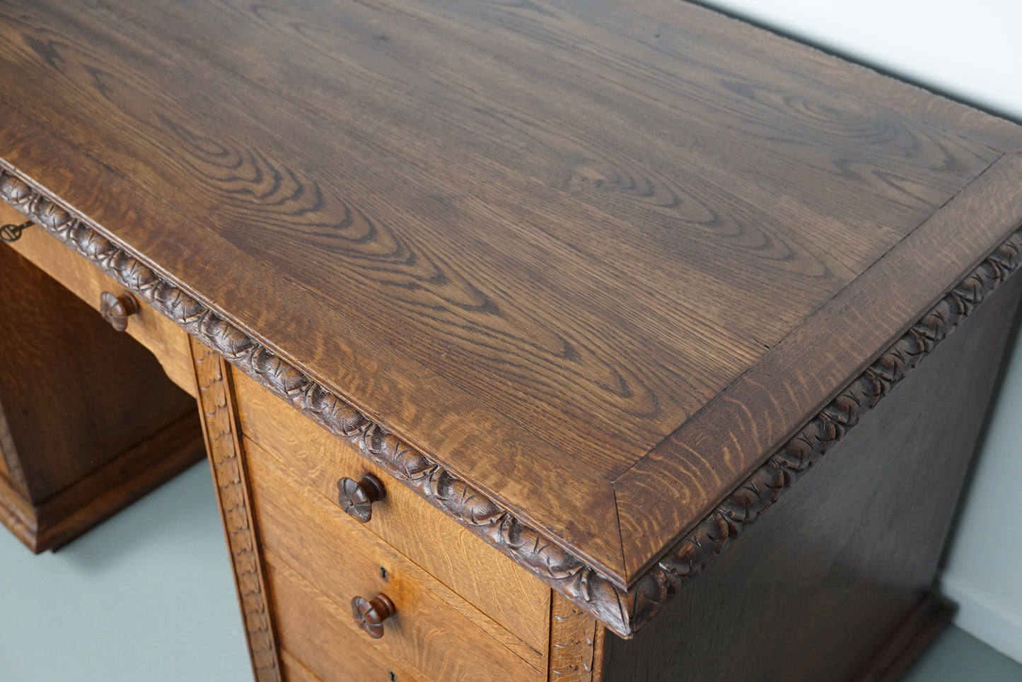 Antique Dutch Carved Oak Art Nouveau Desk / Shop Counter, Early 20th Century