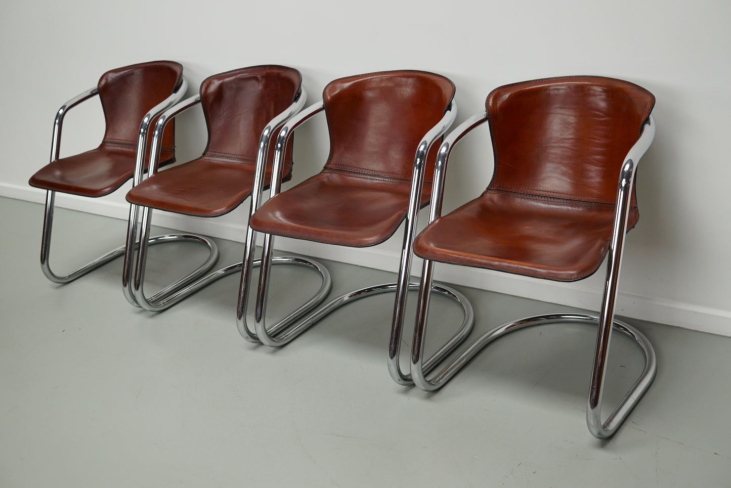 Set of Four Cognac Leather Dining Chairs, Willy Rizzo, 1970s