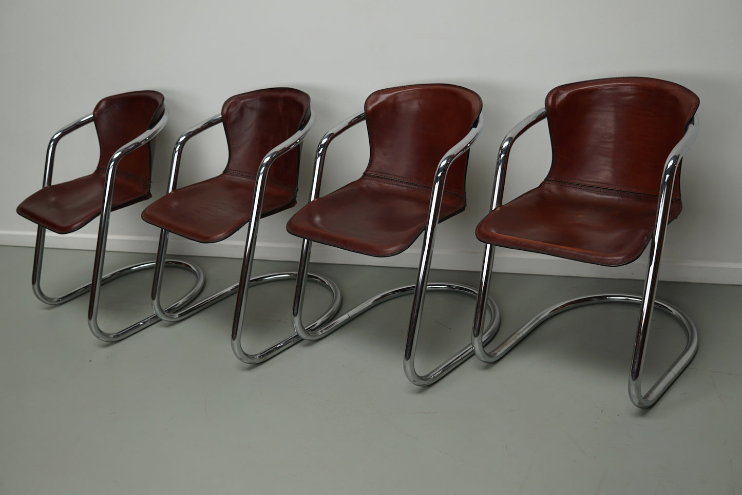 Set of Four Cognac Leather Dining Chairs, Willy Rizzo, 1970s