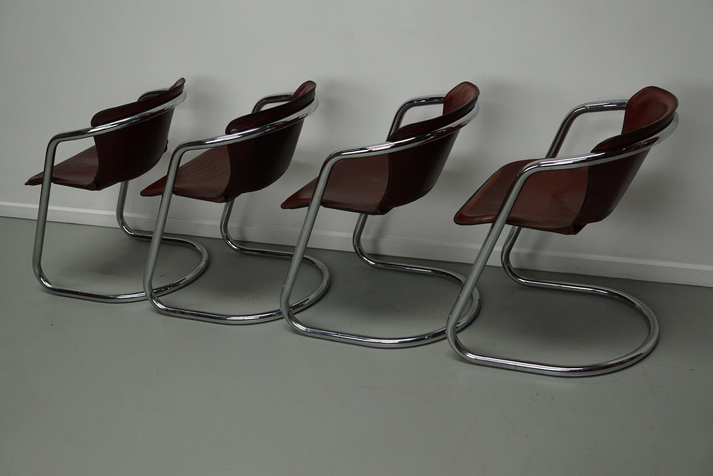 Set of Four Cognac Leather Dining Chairs, Willy Rizzo, 1970s