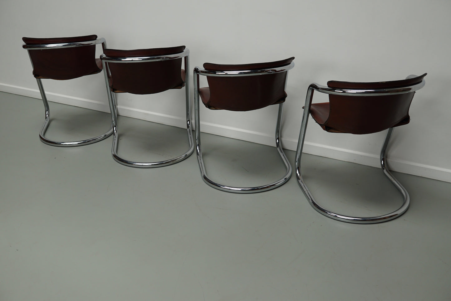 Set of Four Cognac Leather Dining Chairs, Willy Rizzo, 1970s