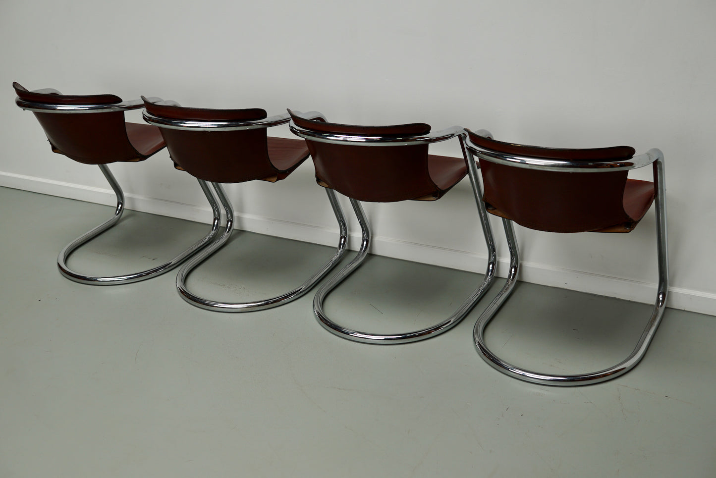 Set of Four Cognac Leather Dining Chairs, Willy Rizzo, 1970s