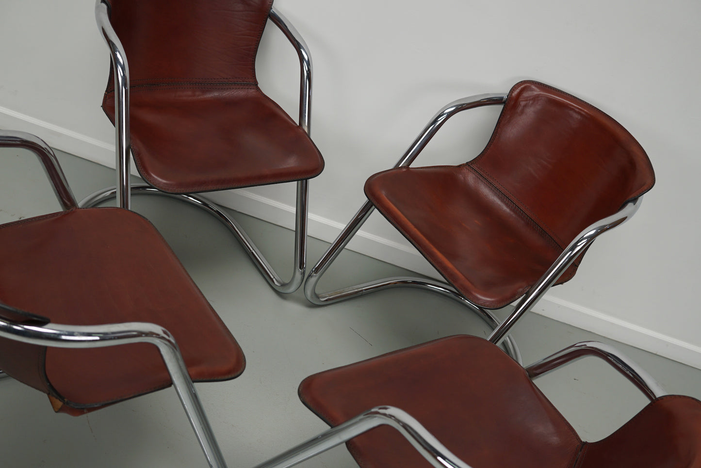 Set of Four Cognac Leather Dining Chairs, Willy Rizzo, 1970s