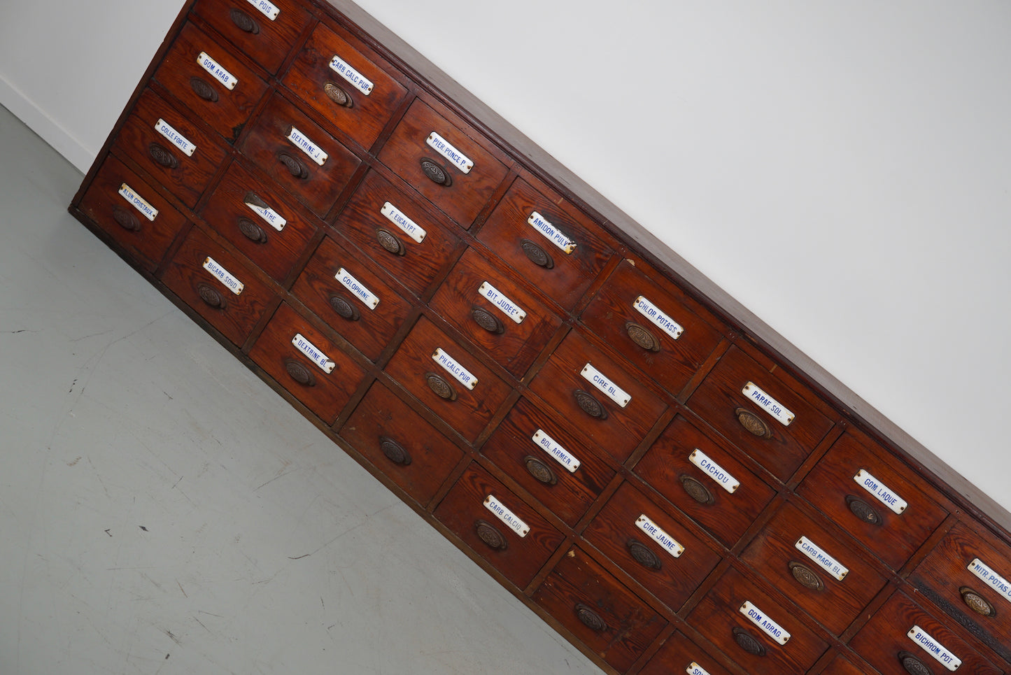 Large Antique Belgian Pitch Pine Apothecary Cabinet with Enamel Shields, 1900s