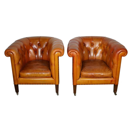 Vintage Dutch Chesterfield Cognac Leather Club Chairs, Set of 2