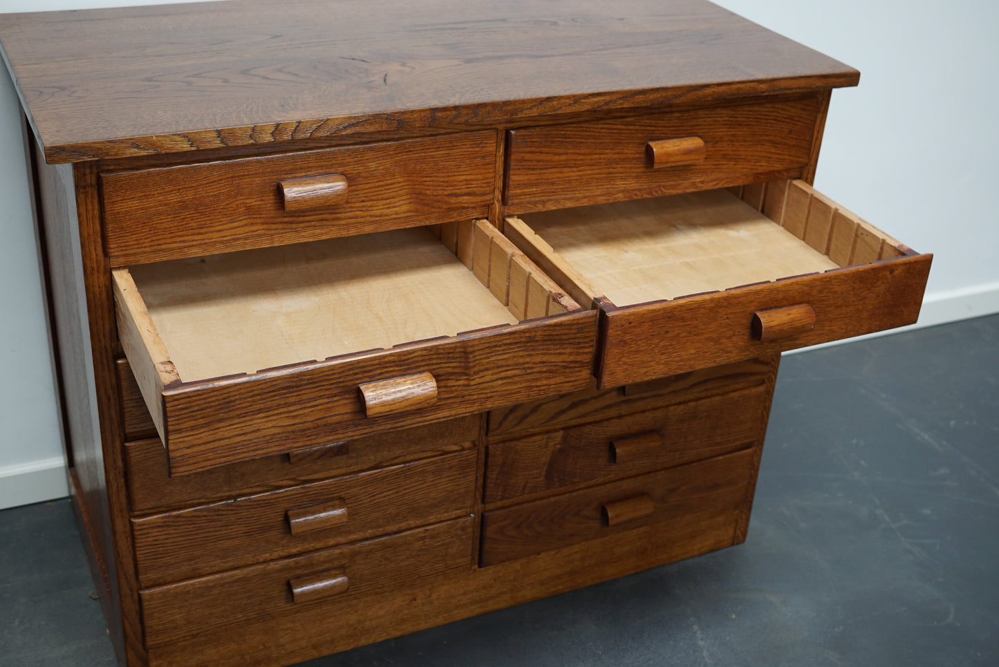 Pair of Oak German Industrial Apothecary Cabinets, Mid-20th Century