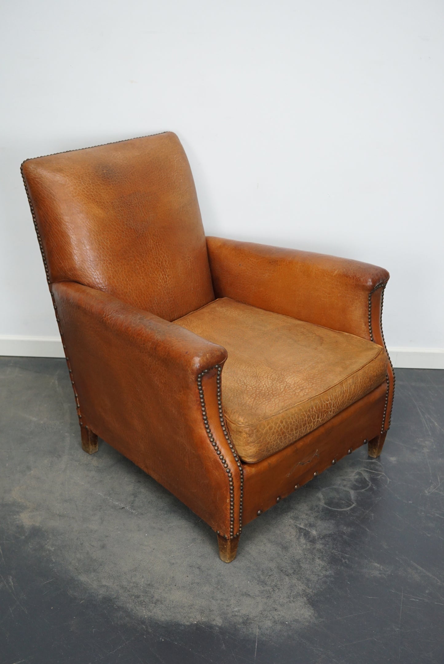 Vintage French Cognac-Colored Leather Club Chair, 1940s