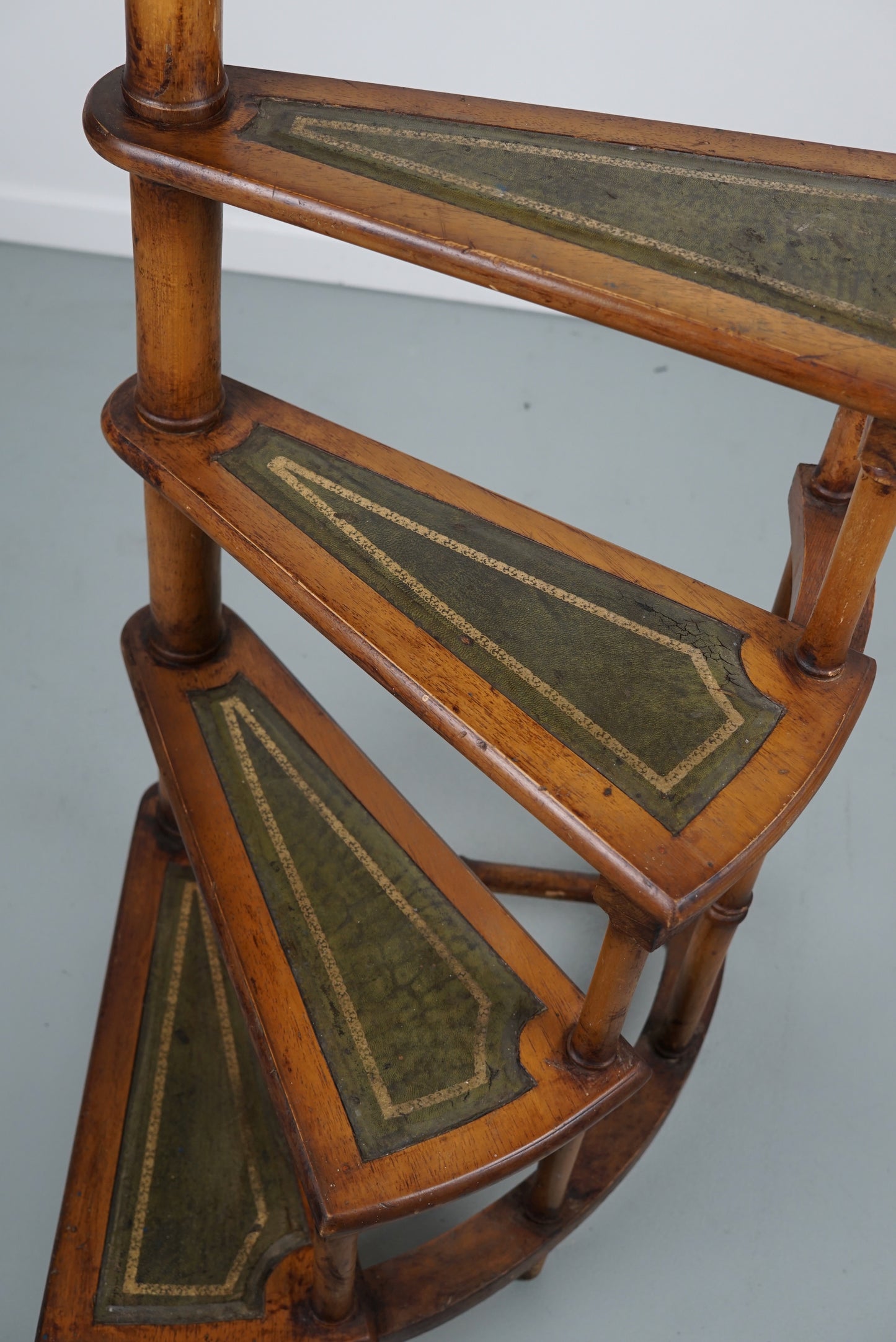 Large Library Stairs / Steps Mid-20th Century Ladder Carved Wood Green Leather